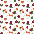 Summer cherry berries watercolor seamless pattern. Watercolor cherries isolated on white background. For design, textile