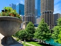 Summer in Chicago with flowers and greenery joining the architcture, Chicago River and diverse crowds