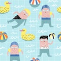 Summer Childish Seamless Pattern with Cute Boys in Swimming Pool. Creative Kids Background for Fabric, Textile