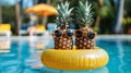 Summer Chillaxing in funny Style. Whimsical Pineapples Cruise on an Inflatable Ring, Bringing Tropical Charm to Poolside Leisure