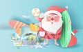 Summer Christmas season with suitcase concept.Santa Claus smile wearing beach suit travel swimming decoration.Holiday and vacation