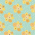 Summer chrusanthemum ornament seamless pattern. Light ble dotted background with flower shapes in yellow and orange tones Royalty Free Stock Photo