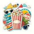 Summer cinema. Fast food and popcorn. Film decoration. Garden party. Cartoon illustration. white background, label, sticker