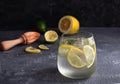 Summer citrus lemonade Alcohol cocktail Gin tonic with squeezed lemon and lemon reamer or juicer