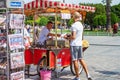 Summer city landscape - the seller sells roasted chestnuts and corn on the streets of Istanbul Royalty Free Stock Photo