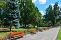 Summer city park, bright sunny day, trees with shadows and green grass Royalty Free Stock Photo
