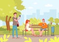 Summer city park with people, cartoon young friends sitting on bench in city park with smartphones Royalty Free Stock Photo