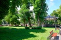 Summer city park with peoples, bright sunny day, trees with shadows and green grass Royalty Free Stock Photo