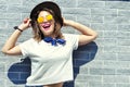 Summer city vibes. Sunny lifestyle fashion portrait pretty young smiling  woman having fun Royalty Free Stock Photo