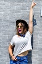 Summer city vibes. Sunny lifestyle fashion portrait pretty young smiling  woman having fun Royalty Free Stock Photo