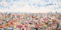 Summer cityscape with colorful buildings, balloons and blue sky. Watercolor horizontal painting