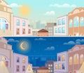 Summer cityscape day and night versions. Set of urban landscapes with sun and moon over buildings Royalty Free Stock Photo