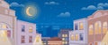 Summer cityscape night versions. Set of urban landscapes with sun and moon over buildings