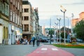 Summer cityscape - street view with bike path in Katowice, Poland