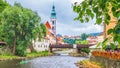 Summer cityscape - view of the bridge over the Vltava river in the Old Town of Cesky Krumlov