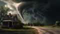 Summer climate stormy landscapes. Tornado nautral disaster in field. generative ai