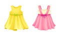 Summer clothes for little girl set. Cute pink and yellow dresses cartoon vector illustration Royalty Free Stock Photo