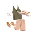 Summer clothes set, apparel and accessories composition. Beach hat, sleeveless shirt, women shorts, sneakers, earrings