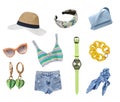 Summer clothes set isolated. Women`s apparel. Collection of beach clothing