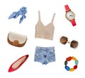 Summer clothes set isolated. Women`s apparel. Collection of clothing and accessories. Lady`s outfit