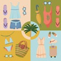 Summer clothing sets. Beach Accessories. Fashionable outfit for tourism. Vector items and things for vacation and travel. Flat Royalty Free Stock Photo