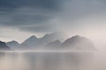 Summer cloudy Lofoten islands. Norway misty fjords.