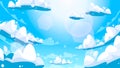 Summer cloudy sky. Cartoon landscape with white fluffy clouds and sun shine. Heaven blue sky with nature atmosphere Royalty Free Stock Photo