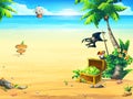 Summer coast with a chest, parrot, palm tree, pirate ship Royalty Free Stock Photo