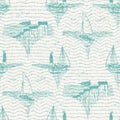 Aegean teal sailboat linen nautical seamless background with wave texture. Summer coastal living style home decor