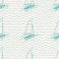 Aegean teal sailboat linen nautical seamless background with wave texture. Summer coastal living style home decor