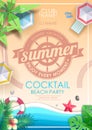 Summer cocktail beach party poster. Top view of tropic summer beach with ocean background. Paper cut out art design
