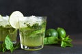 Summer cocktail. Classic summer drink - mojito in a glass on a dark background