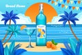 Summer cocktail. 3D beach drink. Pool party beverage poster. Happy hour in sea for alcohol bottle. Citrus liqueur