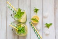 Summer cocktail detox with lemon, ice and mint in mason jar on a white wooden background. Top view. Royalty Free Stock Photo