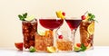 Summer cocktail drinks set: rum cola, long island ice tea, manhattan, cosmopolitan, old fashioned - popular beverages for cocktail Royalty Free Stock Photo