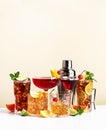 Summer cocktail drinks set: rum cola, long island ice tea, manhattan, cosmopolitan, old fashioned - popular beverages for cocktail Royalty Free Stock Photo