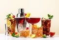 Summer cocktail drinks set: rum cola, long island ice tea, manhattan, cosmopolitan, old fashioned - popular beverages for cocktail Royalty Free Stock Photo