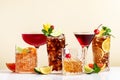 Summer cocktail drinks set: rum cola, long island ice tea, manhattan, cosmopolitan, old fashioned - popular beverages for cocktail Royalty Free Stock Photo