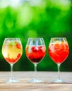 Summer cocktail. Fruit cocktail on green background. Citrus fruits, berries, strawberries, blueberries, mint, ice Royalty Free Stock Photo