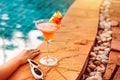 Summer Cocktail or Juice,sunglasses at swimming pool Royalty Free Stock Photo