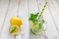 Summer cocktail with lemon, ice and mint in mason jar on a white wooden background. Royalty Free Stock Photo