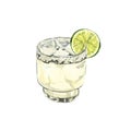 Summer cocktail lime margarita in a short glass and salt. Watercolor hand-drawn illustration isolated on white Royalty Free Stock Photo