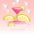 Summer cocktail party poster with 3D plastic cosmopolitan cocktail, tropic fruits and electirc lamps. Royalty Free Stock Photo