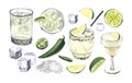Summer cocktail set, spicy lime margarita in a short glass and salt, ice, jalapeno. Watercolor hand-drawn illustration Royalty Free Stock Photo