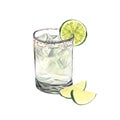 Summer cocktail, spicy lime margarita in a short glass and salt. Watercolor hand-drawn illustration isolated on white Royalty Free Stock Photo