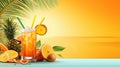 Summer cocktails with grapefruit, orange, and ice. Drinks on color background with palm leaf shadow. Summer, tropical Royalty Free Stock Photo