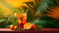 Summer cocktails with grapefruit, orange, and ice. Drinks on color background with palm leaf shadow. Summer, tropical Royalty Free Stock Photo