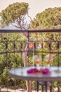 Summer cocktails and pink flowers of bougainvillea in front of turkish flag and mountains. Travel Turkey concept