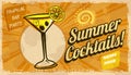 Summer Cocktails Retro banner. Cocktail lounge vintage background, scratched old textured paper Royalty Free Stock Photo