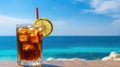 Summer cocktails, sea resort concept. Glass of iced tea. Long island cocktail on tropical beach Royalty Free Stock Photo